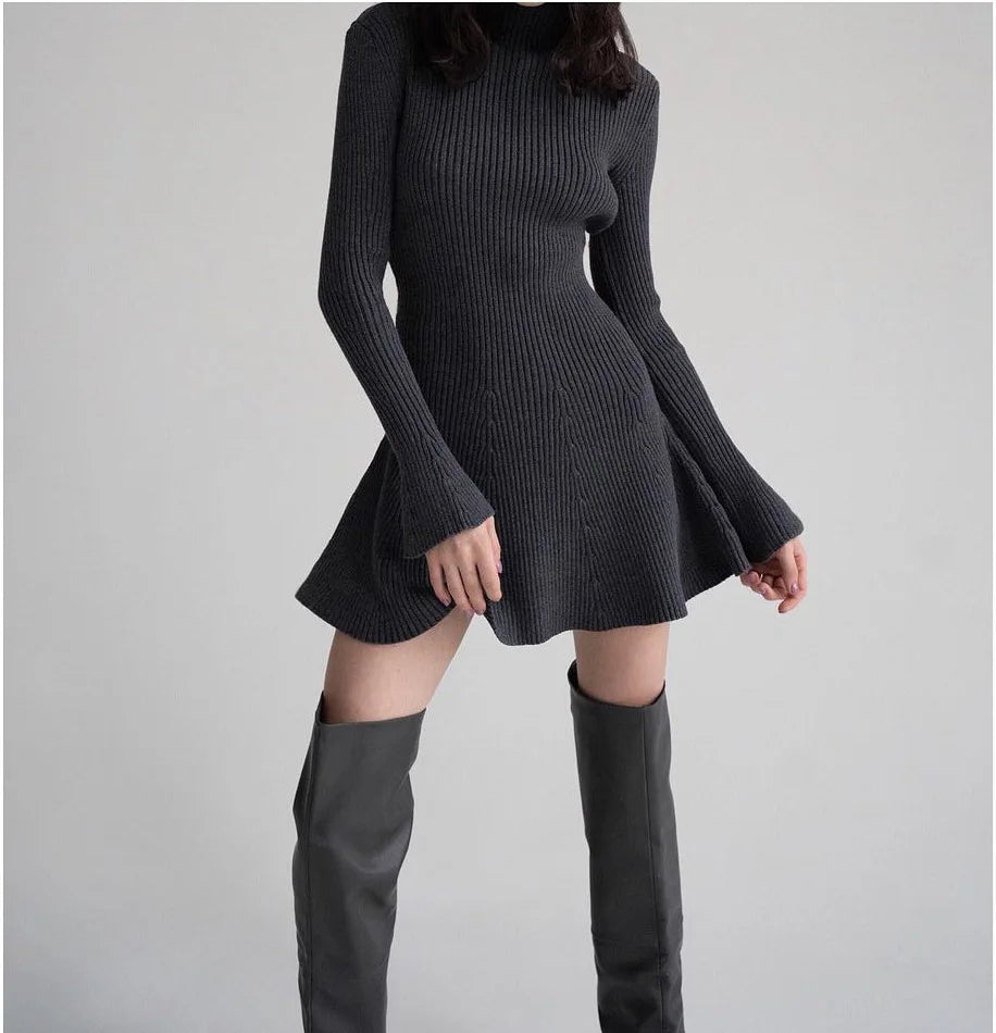 Women Elegant Solid Knitted Mini Dress Fashion Long Sleeve O Neck Ribbed Dresses Autumn Winter Female Streetwear Robes voguable
