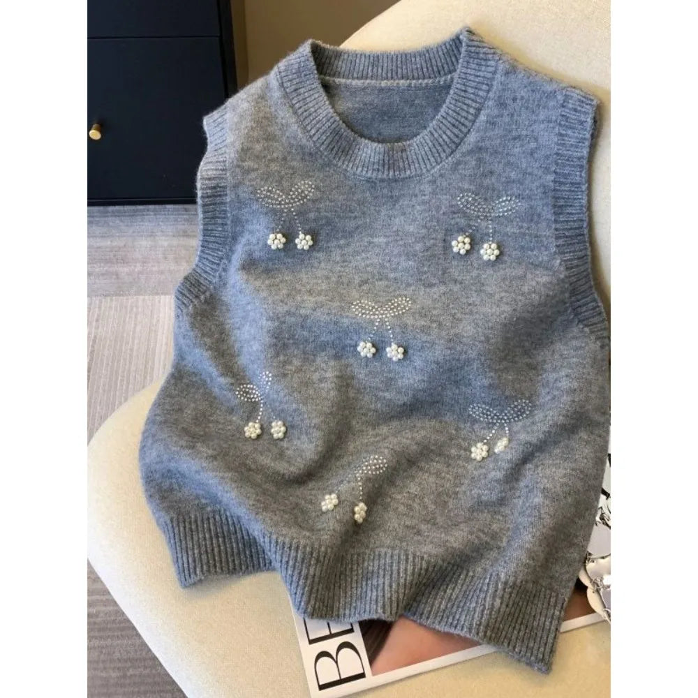Voguable  Fresh Lovely New Heavy Beading Vest Layering Knit Slim Fit Sweaters Women Clothing Trendy All-match Literary Casual Camis voguable