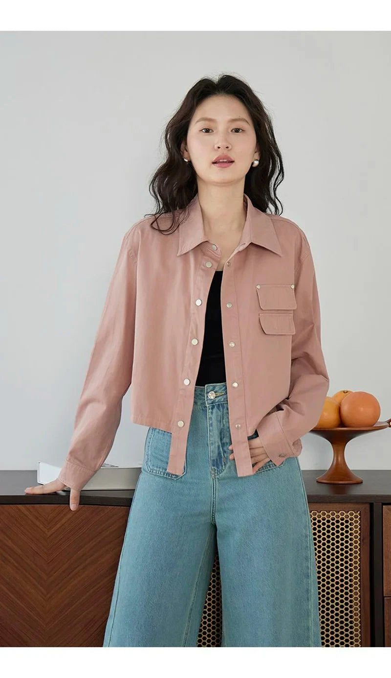 American Y2K Cargo Jacket Women Fall Casual Long Sleeve Vintage Short Coat Harajuku Turn Down Collar New Solid Hip Hop Tops voguable