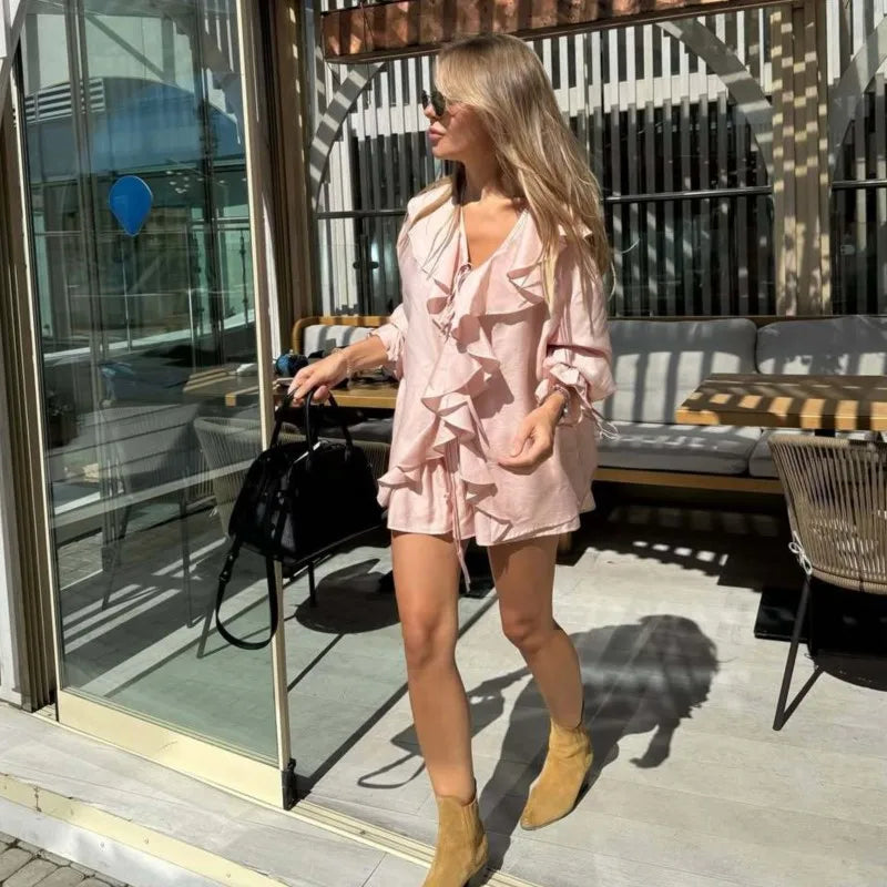 Ruffle Beige Simple Casual Women Sets V-neck Long Sleeve Shirts Top And Shorts Summer Outfits Vacation Chic Fashion 2 Piece Set voguable