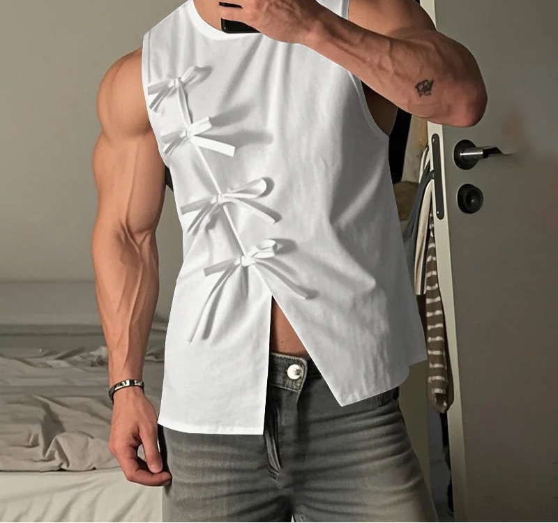 Summer Sleeveless Men Tanks Tops Bow Solid Color O Neck Tops Tee Male Vests Fashion Oversize Streetwear Slit Tops S-5XL voguable