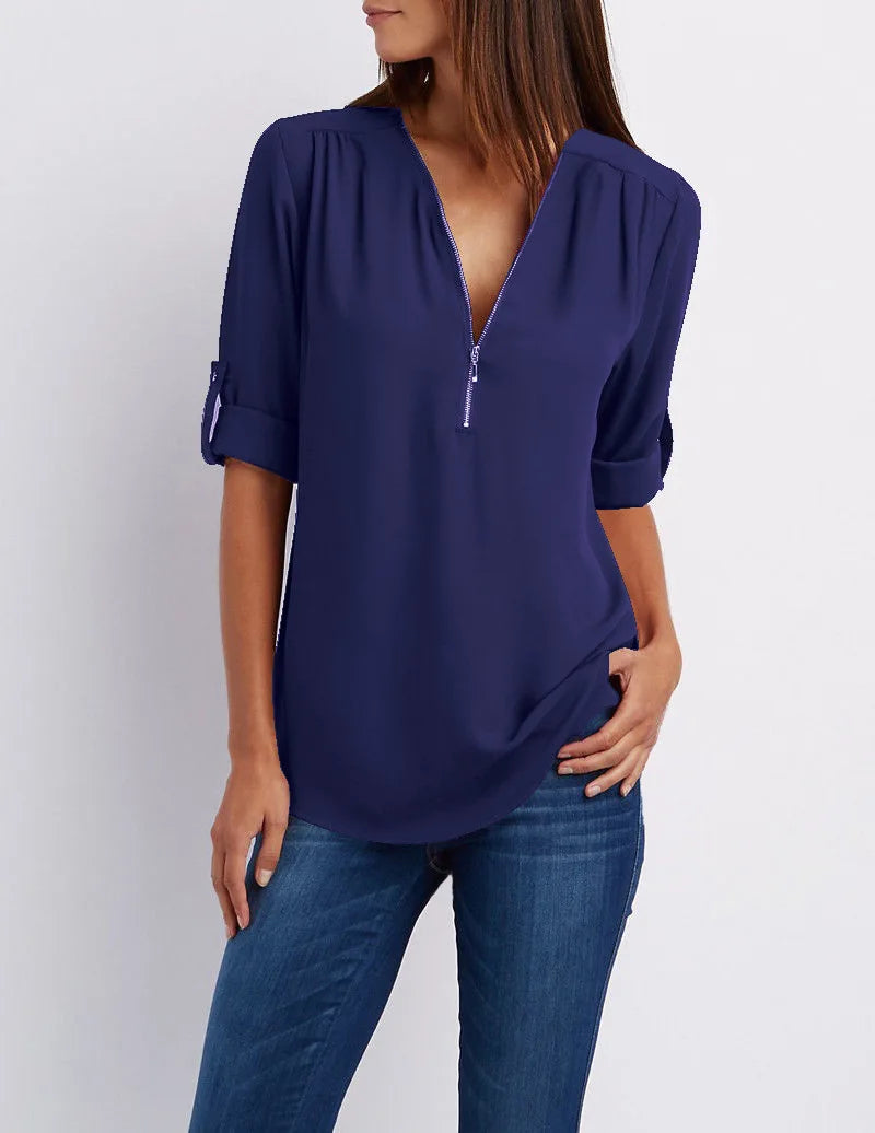 Summer Women Cool Loose Shirt Deep V Neck Chiffon Blouse Casual Ladies Tops Sexy Zipper Pullover Plus Size Long Sleeve Fashion voguable