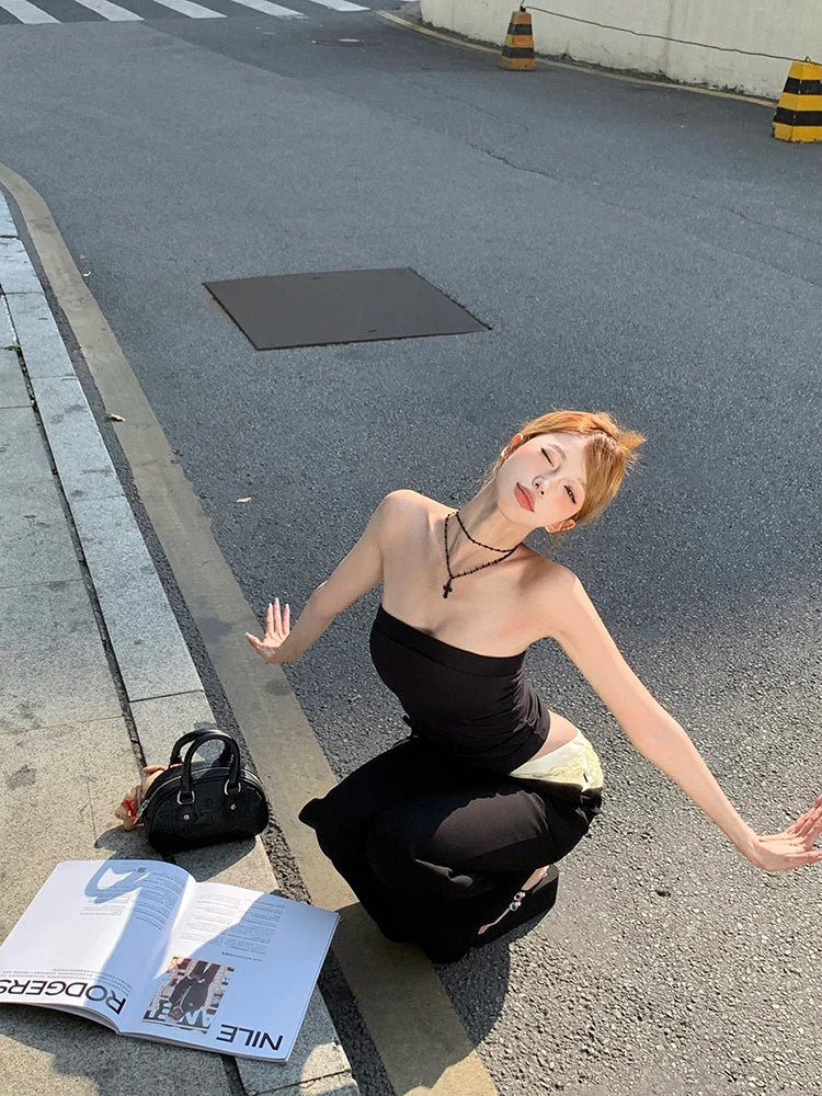 Voguable 2024 Spring New Streetwear Contrast Color Patchwork Pleated Casual Wide Leg Pants Women + Sexy Camisole Two-Piece Suit voguable