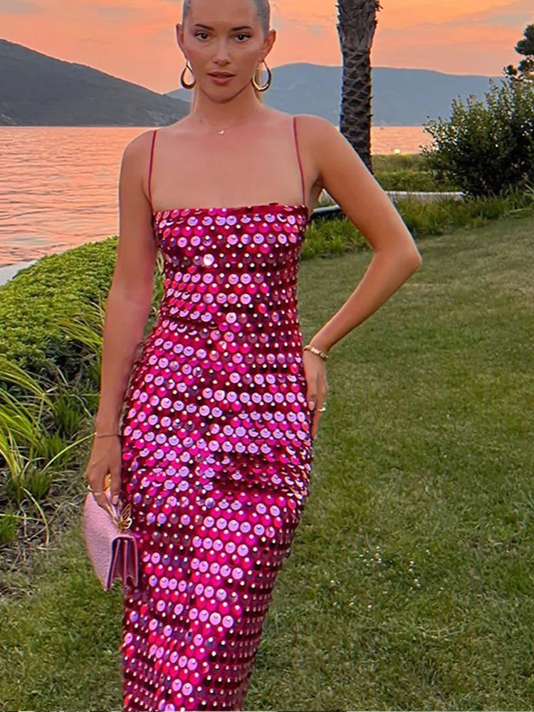 Sequined Tube Top Strap Dress Women Sexy Sleeveless Slim Solid Straight Long Vestidos Fashion Backless Slip Split Evening Robe voguable