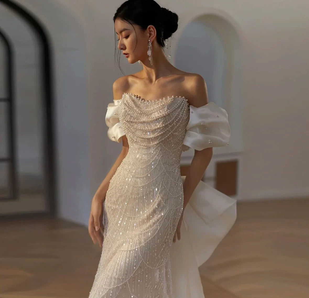 Voguable White Luxury Senior Evening Dresses Bow Strapless Beading Off The Shoulder Shiny Sequin Cockital Host Party Evening Prom Gown voguable