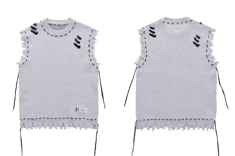 Autumn Men Sleeveless Knitted Jumper Sweaters Hip Hop Ripped Striped Knitwear Vests Streetwear Harajuku Fashion Casual Pullovers voguable