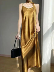 French Elegant Satin Camis Dress Women Summer Loose with Ribbon Midi Dress Female Fashion Aesthetic Party Evening Slip Dress voguable
