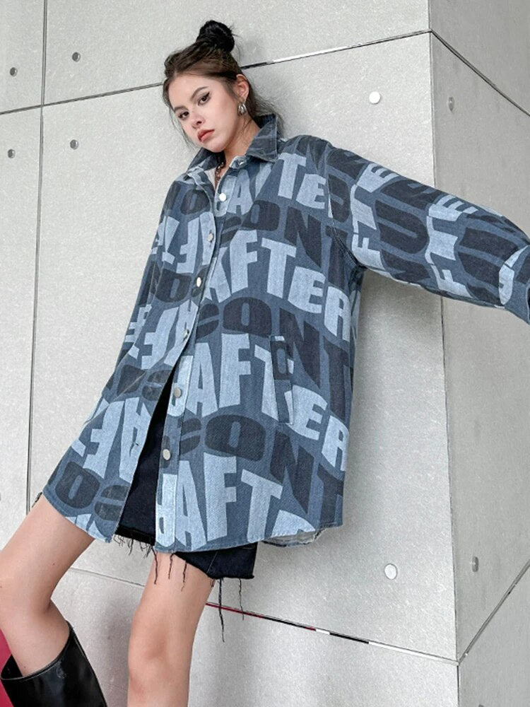 Loose Fit Blue Letter Printed Denim Big Size Jacket New Lapel Long Sleeve Women Coat Fashion Spring Autumn voguable