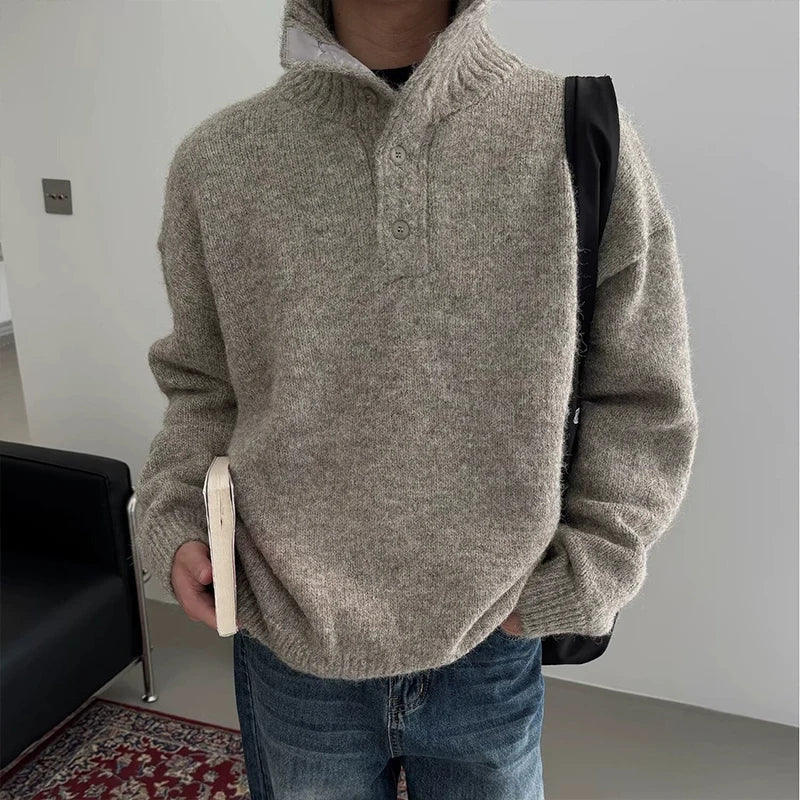 Korean Fashion Men Henry Sweaters Light Luxury Solid Color Long Sleeve Knitwear Premium Quality Button-down Knit Pullover M-3XL voguable