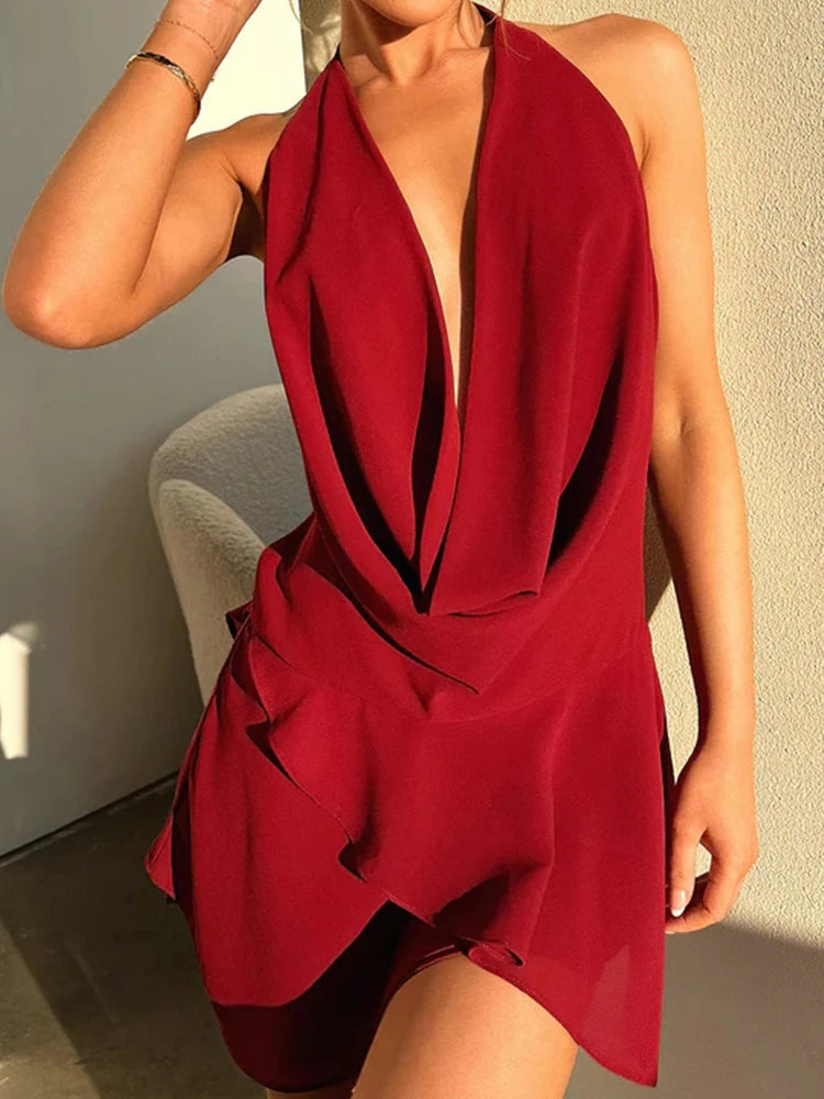 Voguable  Sexy Backless Halter Mini Dress Women's Elegant See Through Deep V Neck Holiday Beach Female Dress voguable