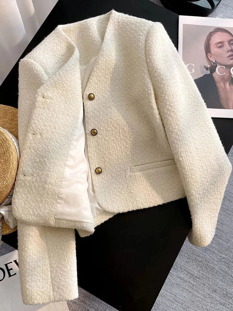 Slim Elegant Tweed Jacket Women Vintage Long Sleeve Sweet Short Coat French Casual Vintage Lady V Neck Single Breasted Tops voguable