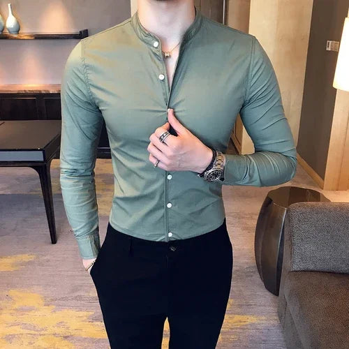 Men Slim Fit Shirt 2024 Autumn Cotton Solid Stand Collar Casual Business Long-sleeved Shirts Male Fashion Camisas Men Clothing voguable