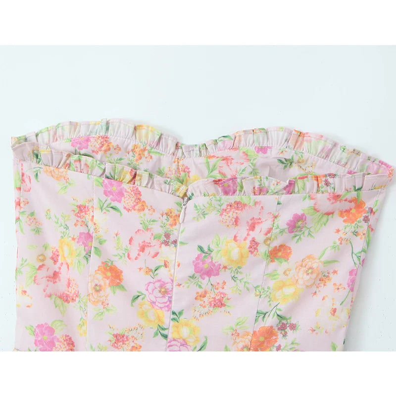 Women Floral Print Sexy Elegant Strapless Dress Front Slit A-line Midi Cotton Summer Dresses Party Robe