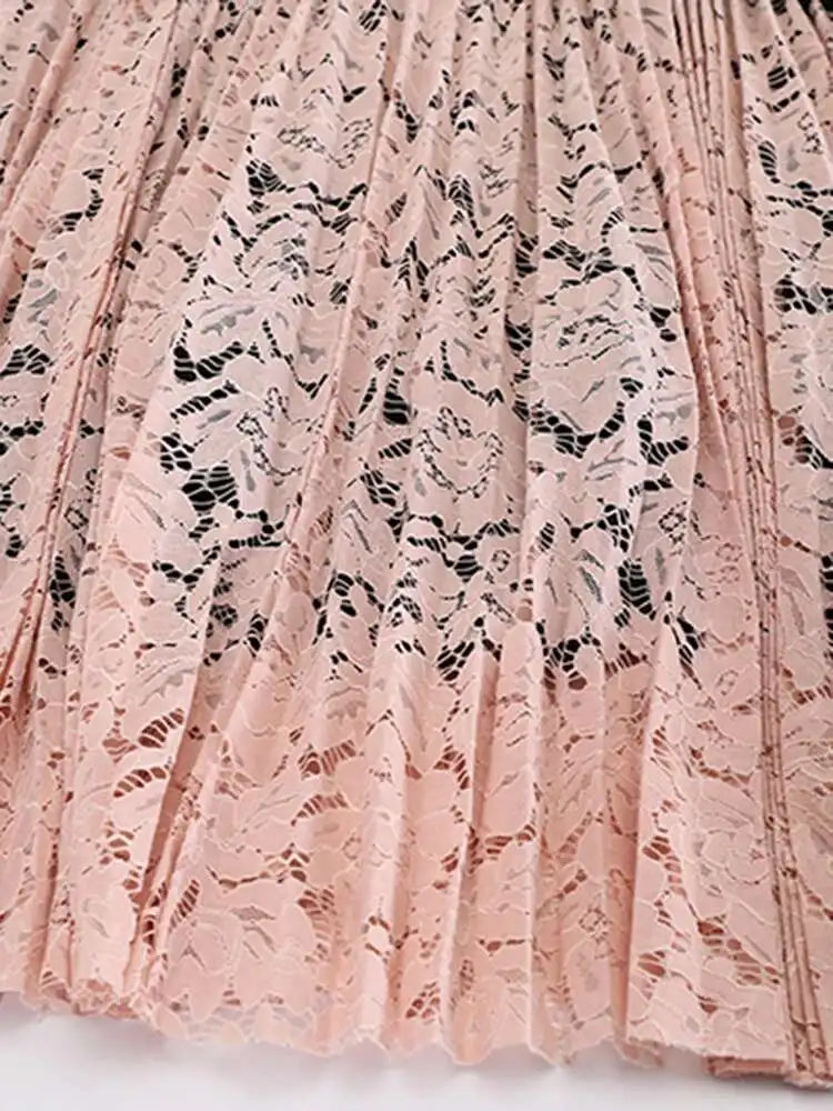 Lace Spliced Printing Pleated Skirts For Women High Waist Loose Causal Colorblock Skirt Female Fashion New Clothes voguable