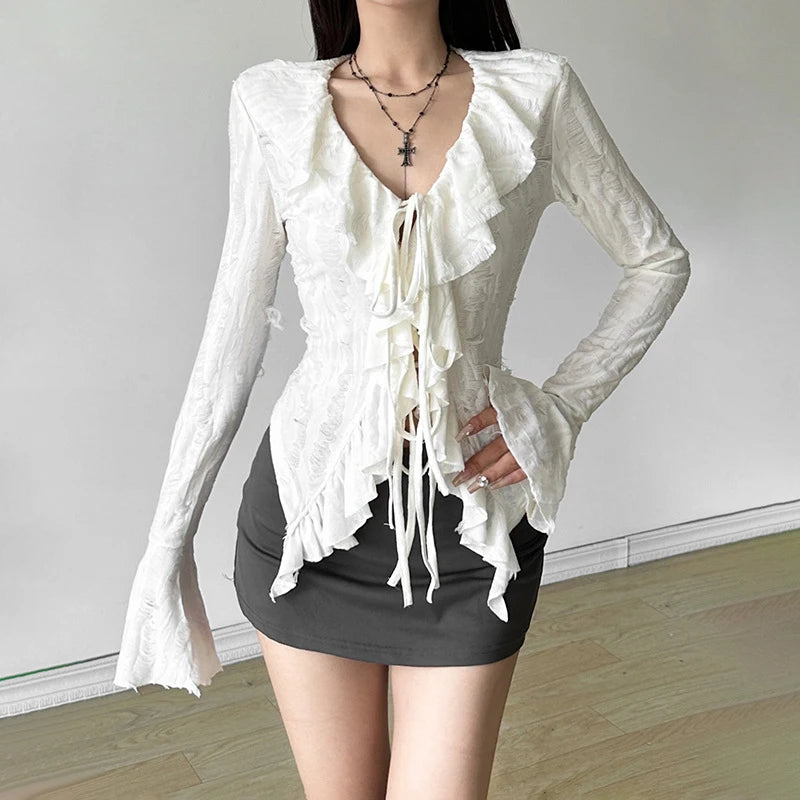 Fairycore Top White Clothes Women Gothic Ruffled V Neck Flared Long Sleeve Ripped Blouse Shirt y2k Aesthetic Clothing voguable