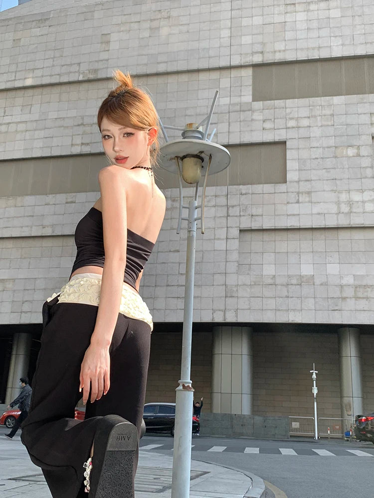 Voguable 2024 Spring New Streetwear Contrast Color Patchwork Pleated Casual Wide Leg Pants Women + Sexy Camisole Two-Piece Suit voguable