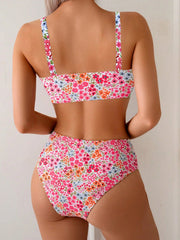 Voguable  Summer Pink Floral Print Bikinis Sets Women Metal U Neck Push Up High Waist Swimsuit Beach Bathing Suit Vacation Swimwear voguable