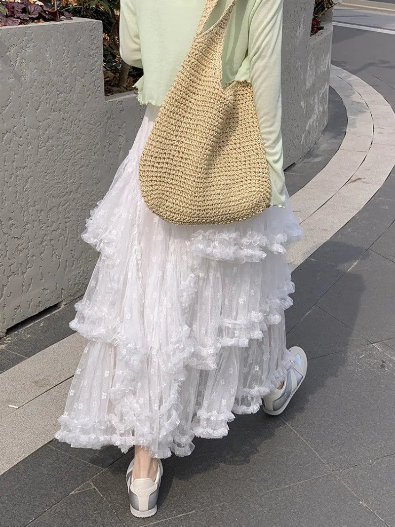 Voguable  Elegant Long Multi Layer Mesh Skirt for Women Elastic Waist A-Line Summer Skirt Woman Sweet White Lace Patchwork Cake Skirts voguable