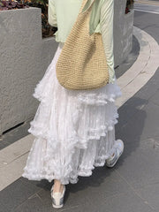 Voguable  Elegant Long Multi Layer Mesh Skirt for Women Elastic Waist A-Line Summer Skirt Woman Sweet White Lace Patchwork Cake Skirts voguable