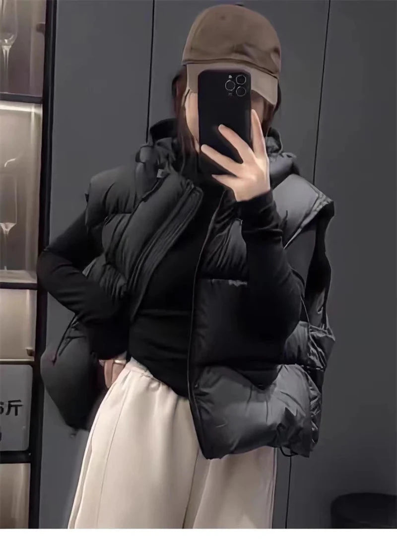 Vintage Y2K Puffy Vest Women Loose Sleeveless Warm Winter Cotton Vest Streetwear Casual Retro American Solid Hooded Vest voguable