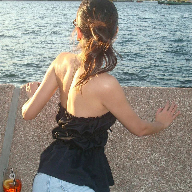 Tube Tops y2k Clothes Women Solid Color Off Shoulder Strapless Sleeveless Ruched Bandeau Tie Up Vest 2000s Streetwear voguable