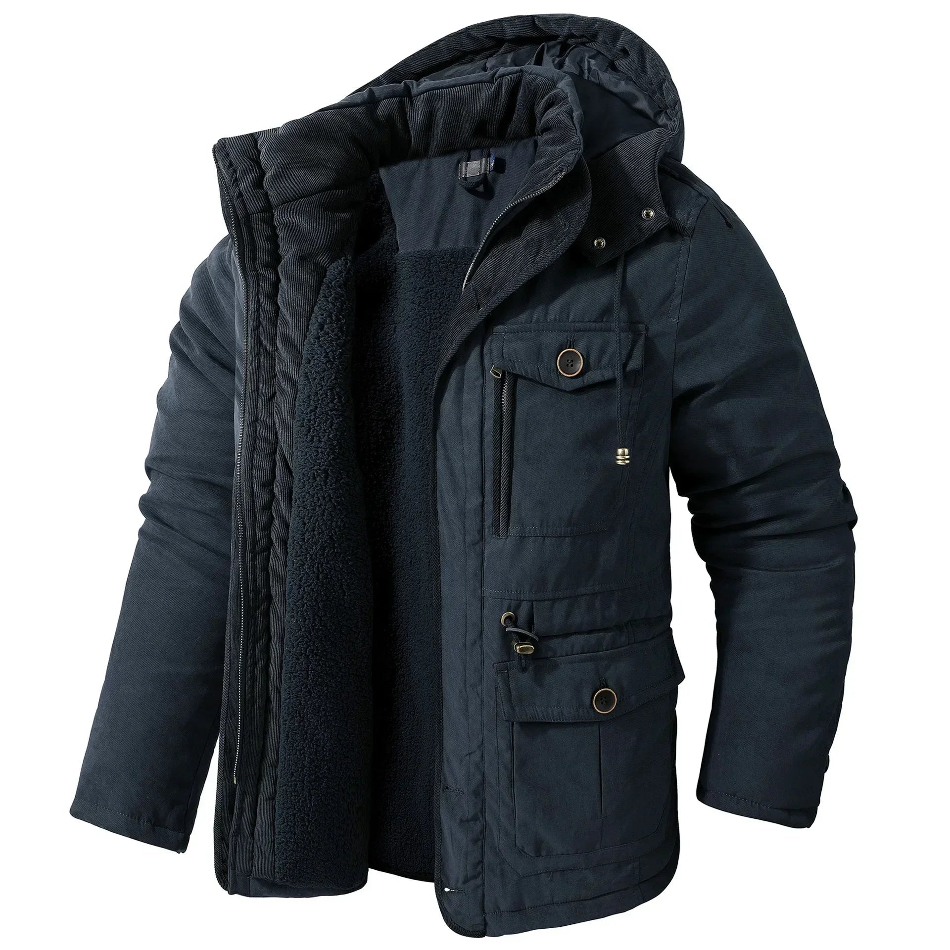 Lamb Warm Men's Parkas Jacket Hooded Winter Men's Clothing Fleece Hooded Cotton Thickened Multi Pocket Casual Mid Length Coat voguable