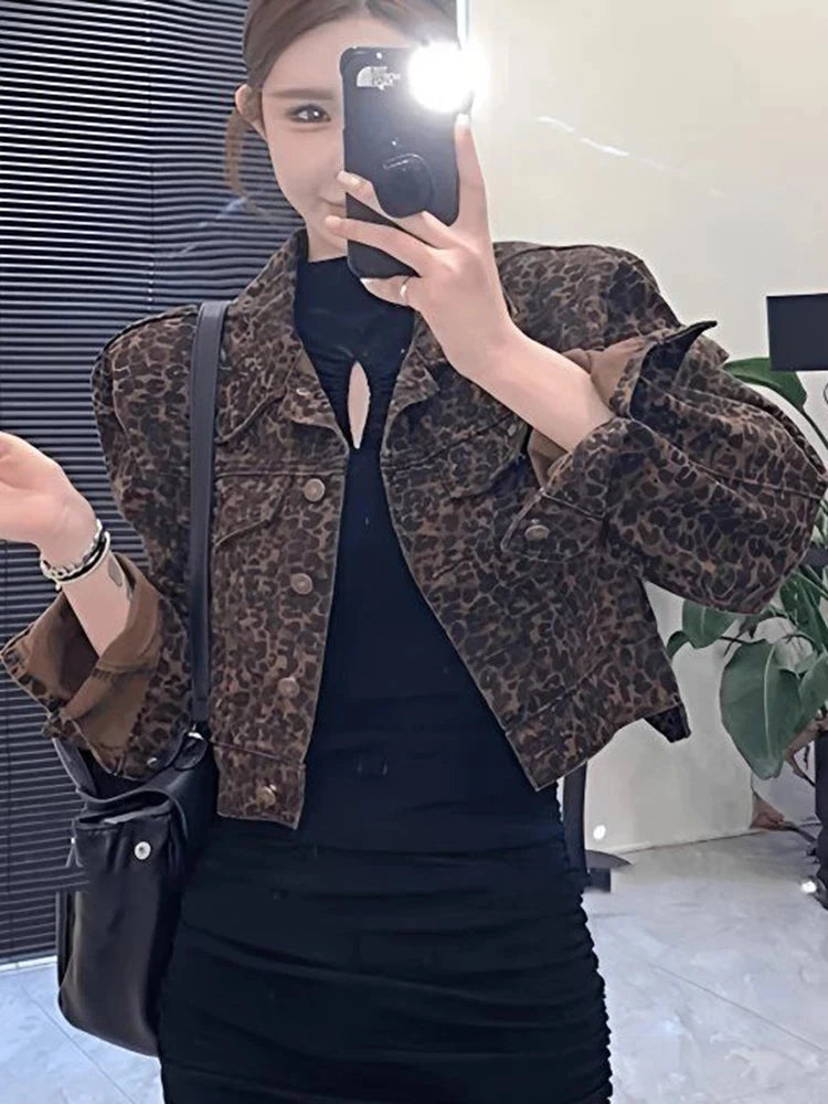 Y2K Cropped Leopard Denim Jacket Women Vintage Streetwear Long Sleeve Slim Short Coat American Harajuku Female Hip Hop Tops voguable