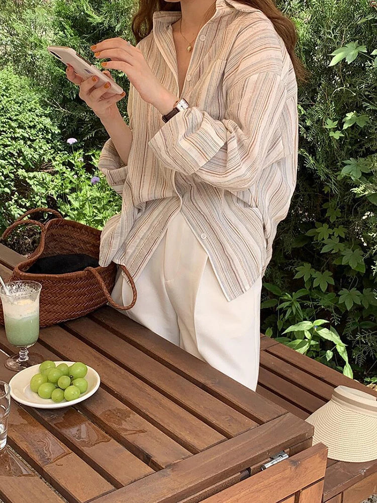 Korean Vintage Striped Women Shirts Long Sleeve Designed Summer Cotton Loose Button Up Shirt Oversize Female Tops New voguable