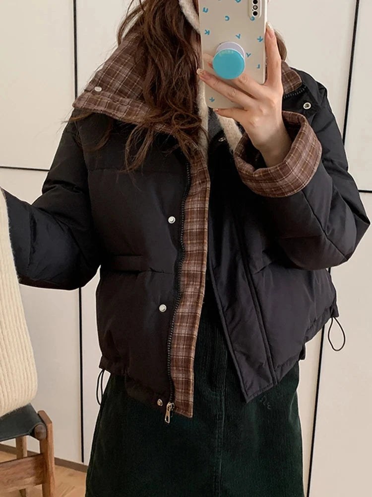 Winter Retro Puffy Parkas Women Warm Thick Plaid Patchwork Cute Coat Casual Preppy Style Korean Long Sleeve Cotton Jackets voguable