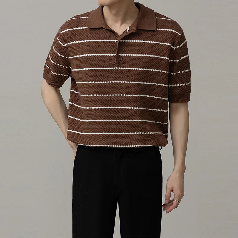 Men's Clothing Light Luxury Business Striped Polo Shirt Casual Slim-fit Knitted Short Sleeve T-shirt High Quality Patchwork Tops voguable