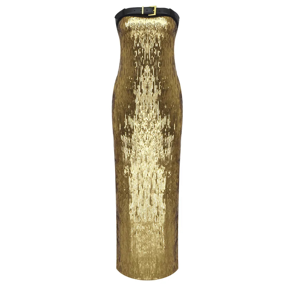 Guest Wedding Party Dress Women Strapless With Black Belt Luxury Gold Sequins Slip  Ankle Length Long Dress voguable