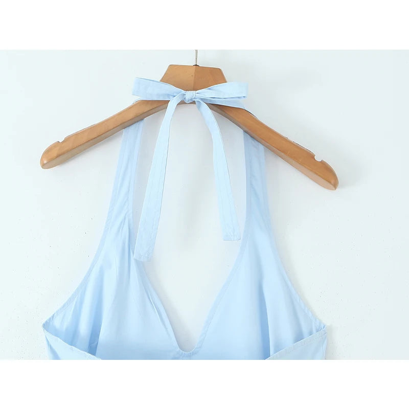 New Elegant Blue Halter Midi Long Dress Women Sexy Backless Deep V Neck Low Waist A-line Summer Dresses Party Robe voguable