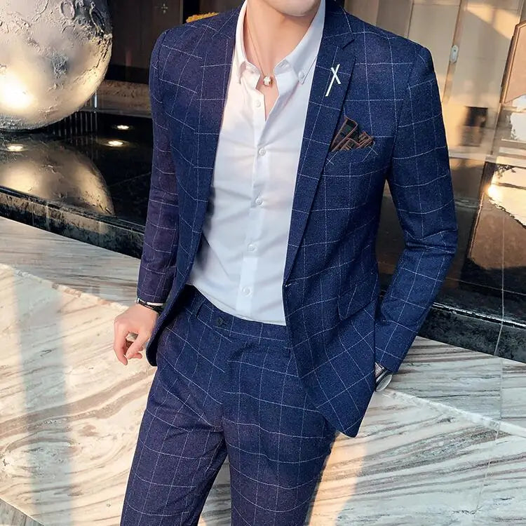 Voguable  (Jacket+Pants) Fashion Men's Pure Color Leisure Suits Gray Blue Black Slim Fit Men Business Banquet Suit Set Plus Size 6XL 7XL voguable