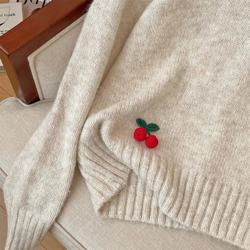 Cute 3D Cherry Sweaters Women Lazy Wind Long Sleeve Knitted Jumpers Japan Loose O Neck Female Kawaii Sweet Pullovers Tops voguable