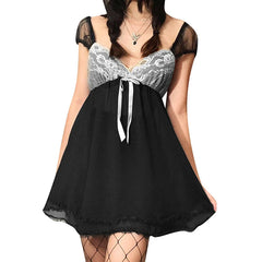 Kawaii Lace Patchwork Dress y2k Women V Neck Sleeveless A-line Mini Dresses with Bow 2000s Fairycore Grunge Dresses voguable