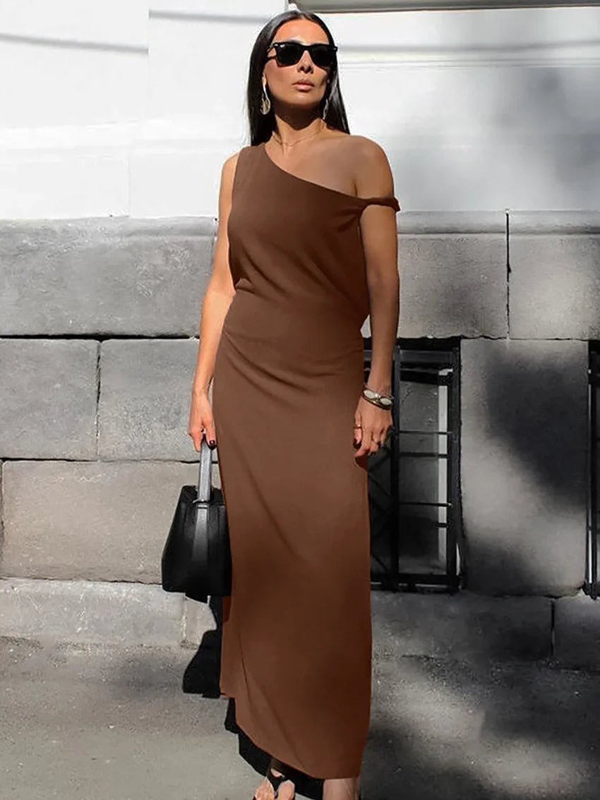 Slanted Shoulder Fashion Long Dress 100% Cotton Sleeveless Brown Retro Women Dress 2025 New Casual Vacation Summer Dresses voguable