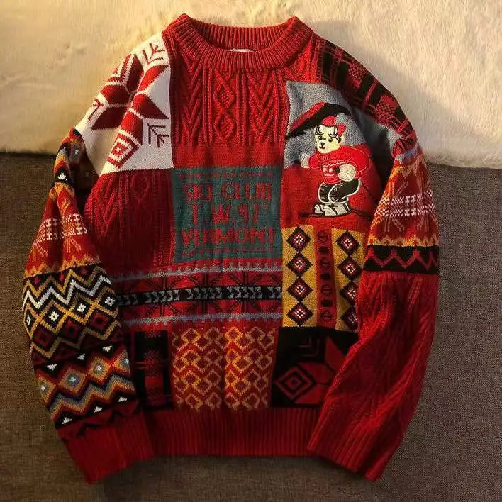 New Year warm pullovers round neck sweater women street stitching Christmas tree jacquard sweater ins couple loose in winter voguable
