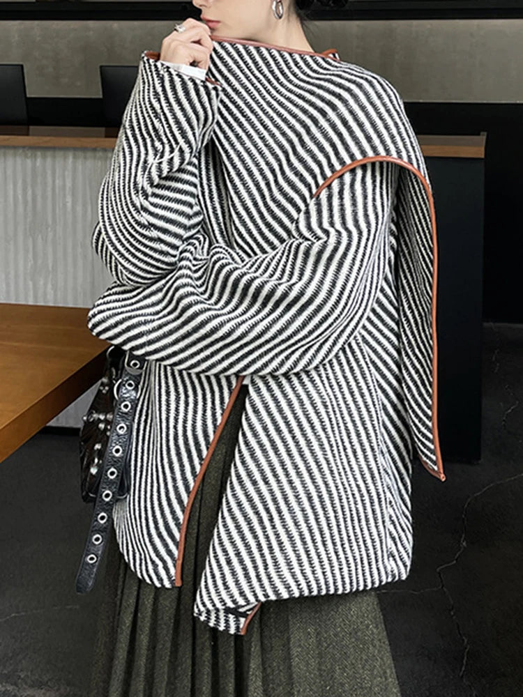 Fashion Women Stripe Wool Jackets Scarf Collar PU Leather Edging Contract Color Loose Shawl Jacket Winter  New voguable
