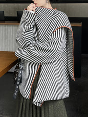 Fashion Women Stripe Wool Jackets Scarf Collar PU Leather Edging Contract Color Loose Shawl Jacket Winter  New voguable