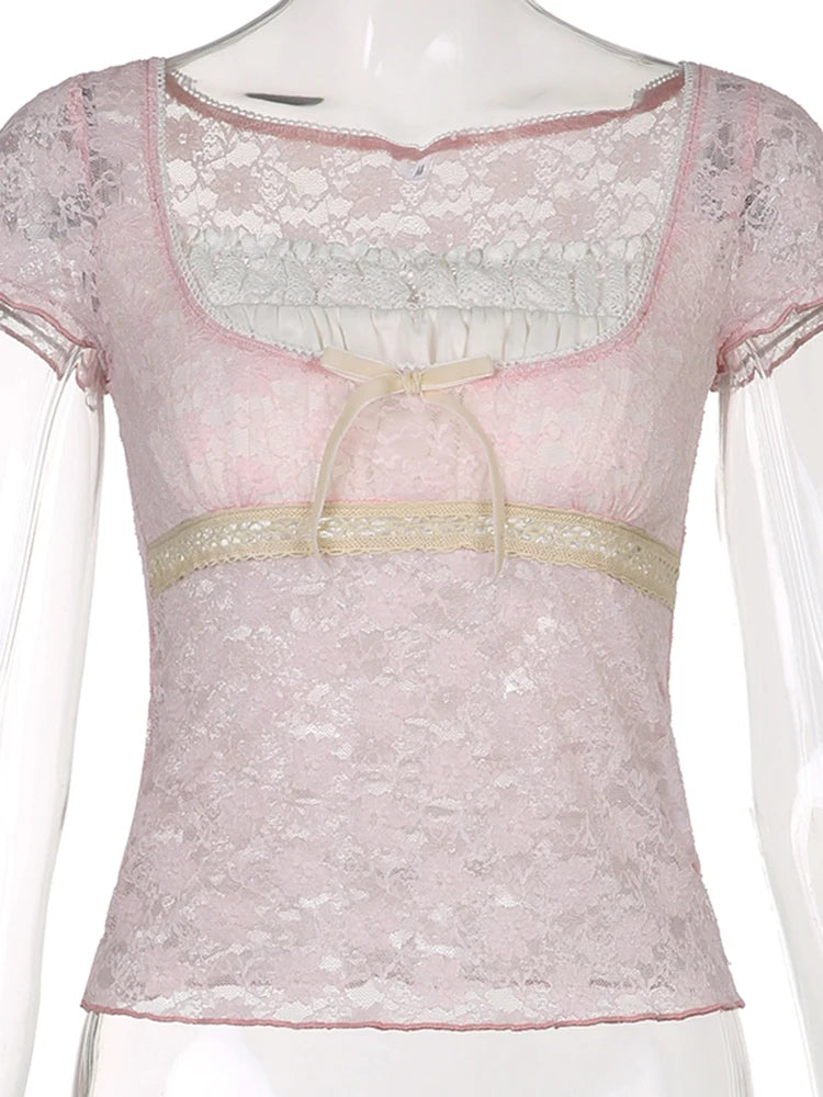 Voguable  Bow Patchwork Lace Crop Top Y2K Aesthetic T-shirt Short Sleeve Kawaii Clothes Lolita Style Cute Pullovers Fairycore Tee voguable
