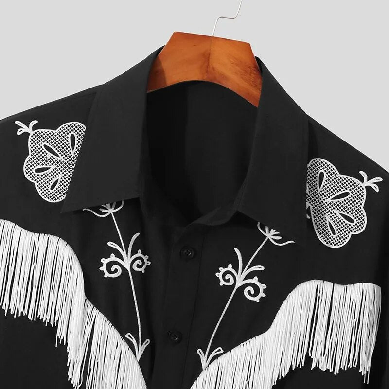 Men Shirt Embroidered Tassel Patchwork Lapel Long Sleeve Fashion Camisa Streetwear Button Casual Men Clothing S-5XL voguable