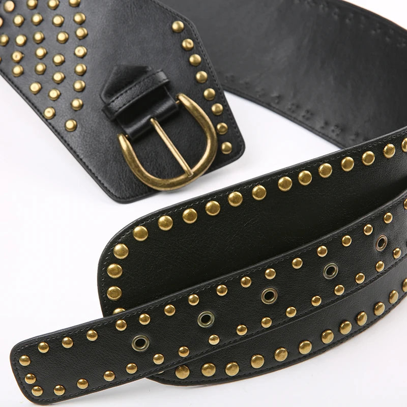 Voguable PU Wide Belts Vintage Rivet Pin Buckle Luxury Leather Belt for Women Jeans Waistband y2k Punk Rock Hip Hop Accessories voguable