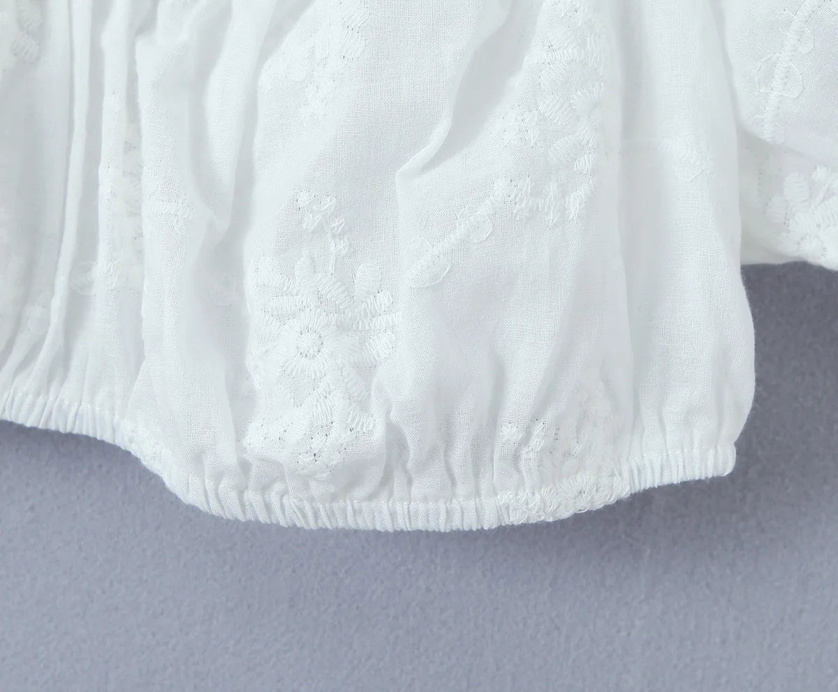 Voguable 2024 Sexy Corset White Embroidery Flower Ruched Chest Elastic Shoulder Crop Top Women Short Puff Sleeve Tanks Top High Waist tee voguable