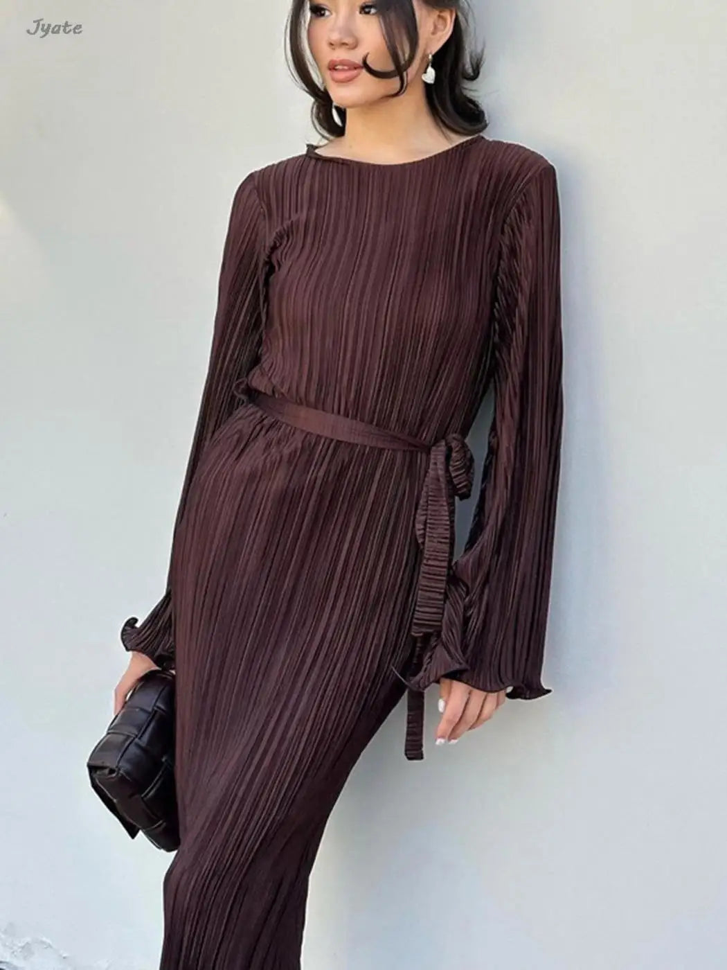 Women's Autumn New Fashion Pleat Belted Vestidos Elegant Flare Long Sleeve Long Fold Long Dress Party Prom Slim Robe voguable