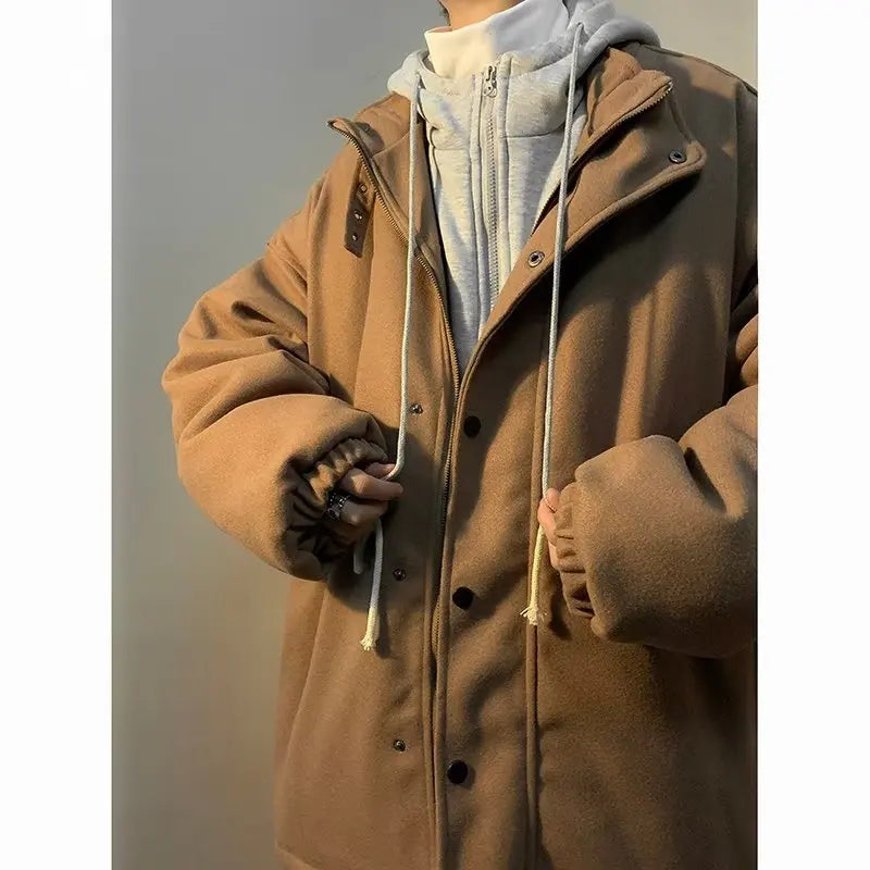 Voguable  Man Jacket Autumn Winter High Street Patchwork Men Outerwear Loose Pocket Zipper Hooded Windproof Male Fake Two-piece Coat voguable