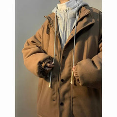 Voguable  Man Jacket Autumn Winter High Street Patchwork Men Outerwear Loose Pocket Zipper Hooded Windproof Male Fake Two-piece Coat voguable