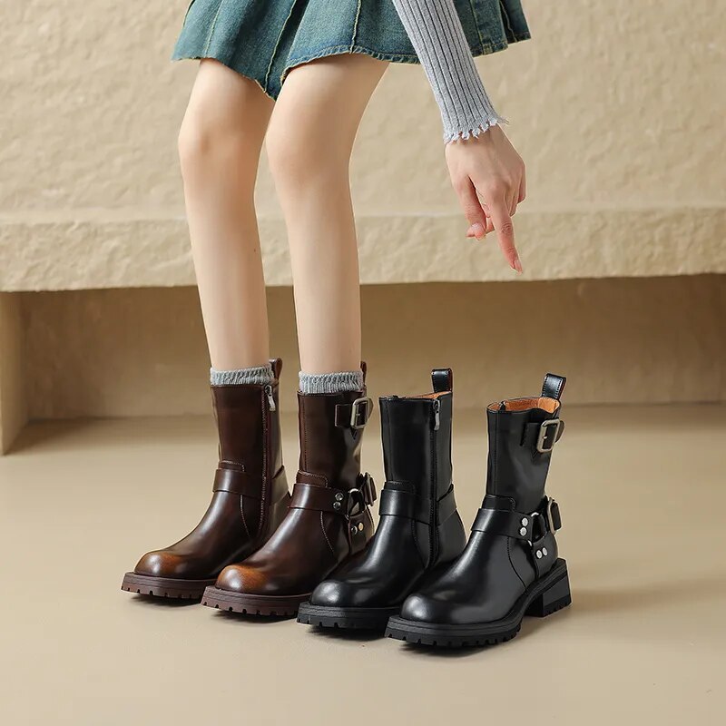 Women Shoes Genuine Leather Ankle Boots Fashion Buckles Design Thick Heels New Winter High-heel Shoes Woman Platform Boots voguable