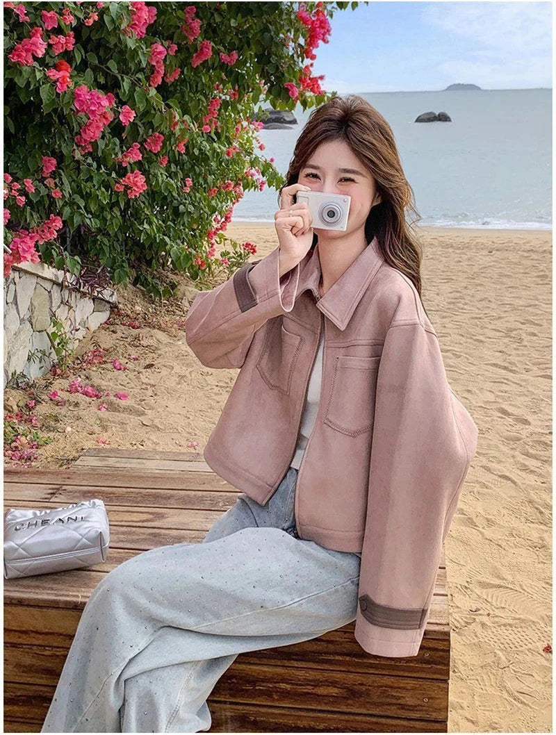 Pink Y2K Faux Suede Jacket Women Vintage Streetwear Long Sleeve Loose Coat Korean Casual Harajuku Fall Winter Outwear Tops voguable