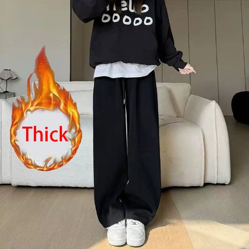 Drawstring Wide Leg Sports Pants Women Autumn Winter Thick Warm Casual Sweatpants Woman Elastic High Waist All Match Trousers voguable