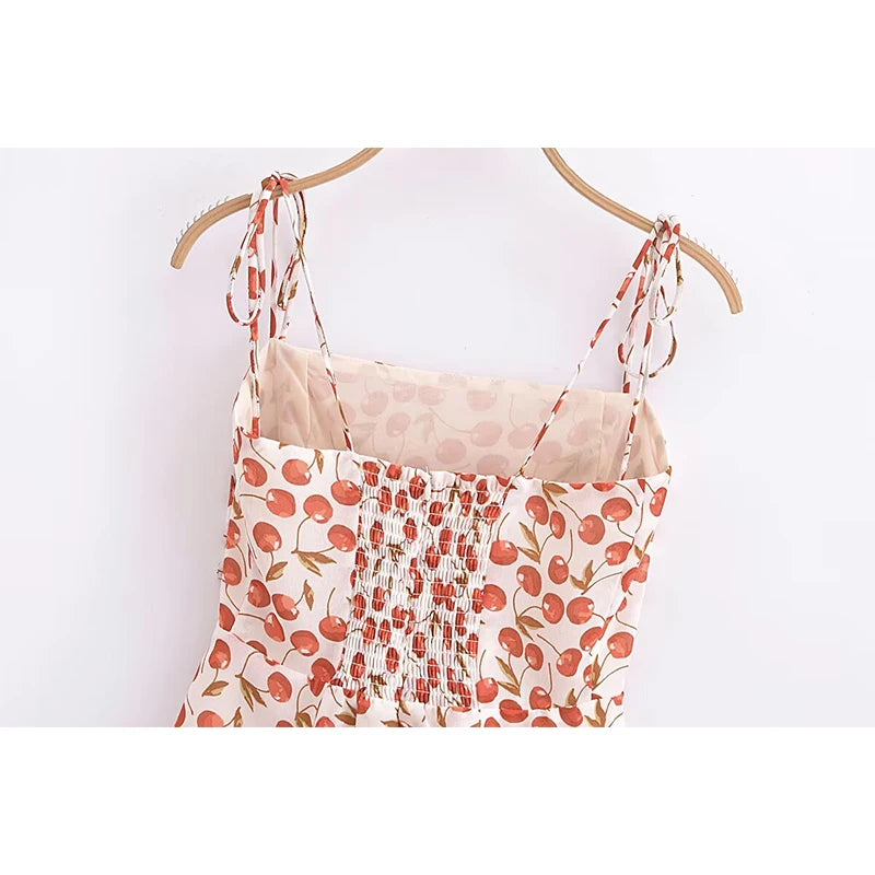 French Vintage Cherry Print Sling Dress Women Sexy Spaghetti Strap A-line Short Chiffon Summer Dress Holiday Robe